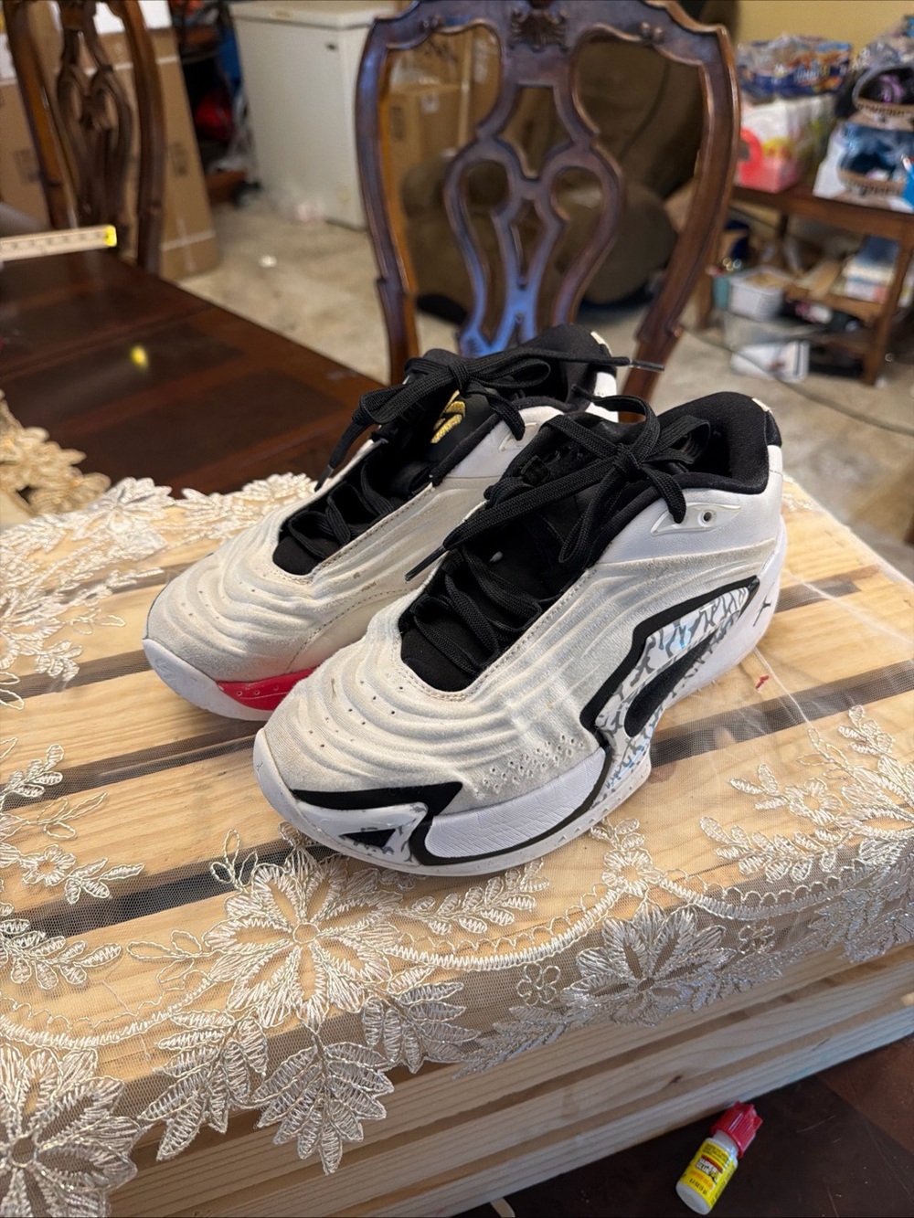 Jordan White and Black Low-Top Sneakers with Red Accent